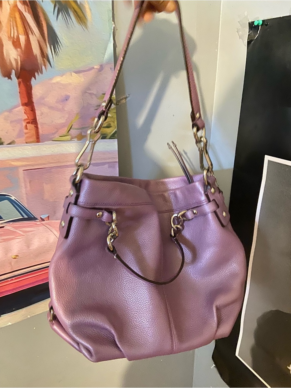 Coach Plum Pebbled Leather Shoulder Bag with Gold Hardware
